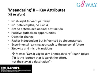 ‘ Meandering’ II – Key Attributes (HE to Work) No straight forward pathway  No  detailed plan, n o Plan A   Not so determined on final destination  Positive outlook on opportunities  Open for change  Rather independent but influenced by circumstances  Experimental learning approach to the personal future Stepwise and micro transitions      Motto:  “Det  är vägen som är mödan värd” (Karin Boye) (“It is the journey that is worth the effort,  not the stay at a destination”)  