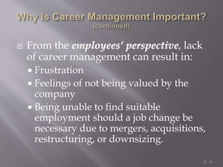  From the employees’ perspective, lack
of career management can result in:
 Frustration
 Feelings of not being valued b...