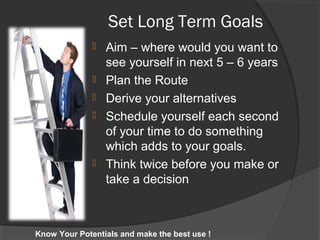 Set Long Term Goals
 Aim – where would you want to
see yourself in next 5 – 6 years
 Plan the Route
 Derive your alternatives
 Schedule yourself each second
of your time to do something
which adds to your goals.
 Think twice before you make or
take a decision
Know Your Potentials and make the best use !
 