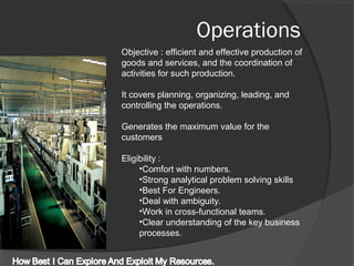 Operations
Objective : efficient and effective production of
goods and services, and the coordination of
activities for such production.
It covers planning, organizing, leading, and
controlling the operations.
Generates the maximum value for the
customers
Eligibility :
•Comfort with numbers.
•Strong analytical problem solving skills
•Best For Engineers.
•Deal with ambiguity.
•Work in cross-functional teams.
•Clear understanding of the key business
processes.
 