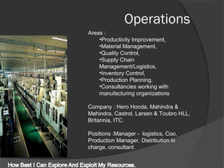 Areas :
•Productivity Improvement,
•Material Management,
•Quality Control,
•Supply Chain
Management/Logistics,
•Inventory Control,
•Production Planning.
•Consultancies working with
manufacturing organizations
Company : Hero Honda, Mahindra &
Mahindra, Castrol, Larsen & Toubro HLL,
Britannia, ITC.
Positions :Manager - logistics, Coo,
Production Manager, Distribution in
charge, consultant.
Operations
 