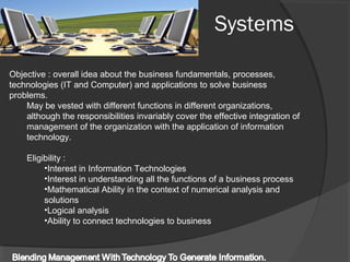 Systems
Objective : overall idea about the business fundamentals, processes,
technologies (IT and Computer) and applications to solve business
problems.
May be vested with different functions in different organizations,
although the responsibilities invariably cover the effective integration of
management of the organization with the application of information
technology.
Eligibility :
•Interest in Information Technologies
•Interest in understanding all the functions of a business process
•Mathematical Ability in the context of numerical analysis and
solutions
•Logical analysis
•Ability to connect technologies to business
 