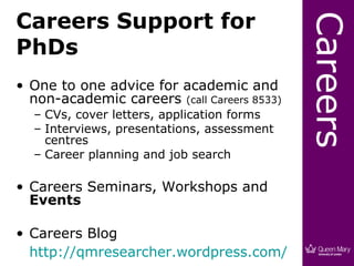 Careers Support for




                                             Careers
PhDs
• One to one advice for academic and
  non-academic careers (call Careers 8533)
  – CVs, cover letters, application forms
  – Interviews, presentations, assessment
    centres
  – Career planning and job search

• Careers Seminars, Workshops and
  Events

• Careers Blog
  http://qmresearcher.wordpress.com/
 