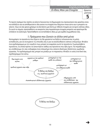 καριεροσκόπιο
19
Οι Ιδέες Μου για Στοιχεία δραστη-
ριότητα
5
Το πρώτο πράγμα που πρέπει να κάνετε ξεκινώντας τη δημιουργία του προσωπικού σας φακέλου είναι
να συλλέξετε και να αποθηκεύσετε όλα εκείνα τα στοιχεία που δείχνουν ποιοι είστε και τι μπορείτε να
κάνετε. Ίσως να σας φανεί χρήσιμο να εξετάσετε μια λίστα με πιθανά στοιχεία για να έχετε κάποιες ιδέες.
Σε αυτό το σημείο, προσπαθήστε να σκεφτείτε όσα περισσότερα στοιχεία μπορείτε και αργότερα θα
επιλέξετε τα καλύτερα. Προσπαθήστε να ανταλλάξετε ιδέες με μια ομάδα συμμαθητών σας.
1. Πράγματα που ζητούν οι άλλοι από μένα:
Καταγράψτε τα προσόντα που ξέρετε ότι θα χρειαστεί να δείξετε τελειώνοντας τη μέση
εκπαίδευση, για να συνεχίσετε τις σπουδές σας ή για να ακολουθήσετε κάποιο επάγγελμα. Φτιάξτε
ένα σχεδιάγραμμα με ό,τι νομίζετε πως μπορεί να εκφράσει αυτά τα προσόντα. Συμπεριλάβετε
προσόντα, τα οποία πρέπει να αποκτήσετε καθώς και προσόντα που ήδη έχετε. Για παράδειγμα,
ας υποθέσουμε ότι σας ενδιαφέρει ένα επάγγελμα που απαιτεί ιδιαίτερες δεξιότητες ομαδικής
εργασίας. Το σχεδιάγραμμά σας μπορεί να μοιάζει με το παρακάτω. Φτιάξτε κι εσείς ένα δικό σας
σχεδιάγραμμα πιο κάτω.
π.χ., ομαδική εργασία
ομαδική εργασία στην τάξη
φωτογραφία με
μία αθλητική ομάδα
πιστοποιητικό εθελοντικής εργασίας
Τι θέλω να δείξω;
δημιουργία μιας
αφίσας
φωτογραφία με την
ομάδα του μπάσκετ
πληροφορίες από
τον επιβλέποντα της
εθελοντικής εργασίας
φωτογραφία με
την ποδοσφαιρική
ομάδα
εργασία σε ένα σχολικό
μάθημα
Τι θέλω να δείξω;
 