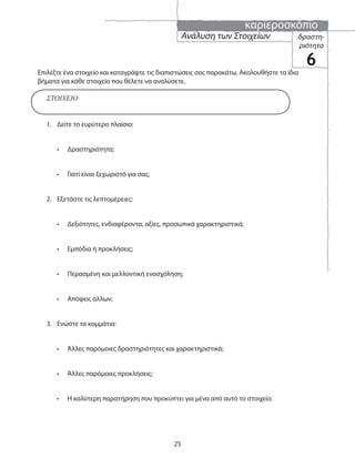 καριεροσκόπιο
25
Ανάλυση των Στοιχείων δραστη-
ριότητα
6
ΣΤΟΙΧΕΙΟ:
1. Δείτε το ευρύτερο πλαίσιο:
• Δραστηριότητα;
• Γιατί είναι ξεχωριστό για σας;
2. Εξετάστε τις λεπτομέρειες:
• Δεξιότητες, ενδιαφέροντα, αξίες, προσωπικά χαρακτηριστικά;
• Εμπόδια ή προκλήσεις;
• Περασμένη και μελλοντική ενασχόληση;
• Απόψεις άλλων;
3. Ενώστε τα κομμάτια:
• Άλλες παρόμοιες δραστηριότητες και χαρακτηριστικά;
• Άλλες παρόμοιες προκλήσεις;
• Η καλύτερη παρατήρηση που προκύπτει για μένα από αυτό το στοιχείο;
Επιλέξτε ένα στοιχείο και καταγράψτε τις διαπιστώσεις σας παρακάτω. Ακολουθήστε τα ίδια
βήματα για κάθε στοιχείο που θέλετε να αναλύσετε.
 