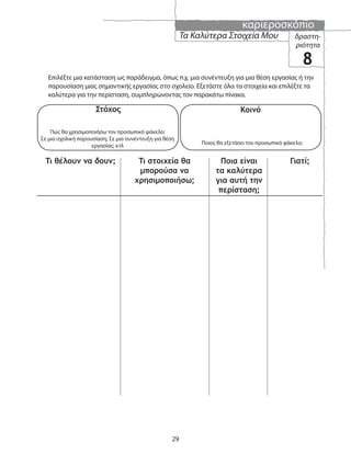 καριεροσκόπιο
29
Τα Καλύτερα Στοιχεία Μου δραστη-
ριότητα
8
Επιλέξτε μια κατάσταση ως παράδειγμα, όπως π.χ. μια συνέντευξη για μια θέση εργασίας ή την
παρουσίαση μιας σημαντικής εργασίας στο σχολείο. Εξετάστε όλα τα στοιχεία και επιλέξτε τα
καλύτερα για την περίσταση, συμπληρώνοντας τον παρακάτω πίνακα.
Τι θέλουν να δουν; Τι στοιχεία θα
μπορούσα να
χρησιμοποιήσω;
Ποια είναι
τα καλύτερα
για αυτή την
περίσταση;
Γιατί;
Στόχος Κοινό
Πώς θα χρησιμοποιήσω τον προσωπικό φάκελο;
Σε μια σχολική παρουσίαση; Σε μια συνέντευξη για θέση
εργασίας; κτλ Ποιος θα εξετάσει τον προσωπικό φάκελο;
 