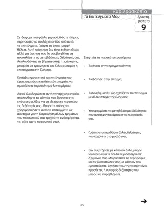 καριεροσκόπιο
35
δραστη-
ριότητα
9
Τα Επιτεύγματά Μου
Σκεφτείτε τα παρακάτω ερωτήματα:
• Τι κάνατε στην πραγματικότητα;
• Τι οδήγησε στην επιτυχία;
• Τι συνέβη μετά; Πώς σχετίζεται το επίτευγμα
με άλλες πτυχές της ζωής σας;
• Υπογραμμίστε τις μεταβιβάσιμες δεξιότητες
που αναφέρονται άμεσα στις περιγραφές
σας.
• Γράψτε στο περιθώριο άλλες δεξιότητες
που έρχονται στο μυαλό σας.
• Εάν συζητήσετε με κάποιον άλλο, μπορεί
να ανακαλύψετε πολλά περισσότερα απ’
ό,τι μόνος σας. Μοιραστείτε τις περιγραφές
και τις διαπιστώσεις σας με κάποιον που
εμπιστεύεστε. Ζητήστε του/της να προτείνει
πρόσθετες ή συναφείς δεξιότητες που
μπορεί να παραβλέψατε.
Σε διαφορετικά φύλλα χαρτιού, δώστε πλήρεις
περιγραφές για τουλάχιστον δύο από αυτά
τα επιτεύγματα. Γράψτε σε όποια μορφή
θέλετε. Αυτή η άσκηση δεν είναι έκθεση ιδεών,
αλλά μια άσκηση που θα σας βοηθήσει να
ανακαλύψετε τις μεταβιβάσιμες δεξιότητές σας.
Ακολουθώντας τα βήματα αυτής της άσκησης,
μπορείτε να ερευνήσετε και άλλες εμπειρίες ή
επιτεύγματα στη ζωή σας.
Κοιτάξτε προσεκτικά τα επιτεύγματα που
έχετε σημειώσει και δείτε εάν μπορείτε να
προσθέσετε περισσότερες λεπτομέρειες.
Αφού ολοκληρώσετε αυτή την αρχική εργασία,
ακολουθήστε τις οδηγίες που δίνονται στις
επόμενες σελίδες για να εξετάσετε περαιτέρω
τις δεξιότητές σας. Μπορείτε επίσης να
χρησιμοποιήσετε αυτά τα επιτεύγματα ως
αφετηρία για τη διερεύνηση άλλων τμημάτων
του προσωπικού σας τροχού: τα ενδιαφέροντα,
τις αξίες και το προσωπικό στυλ.
 