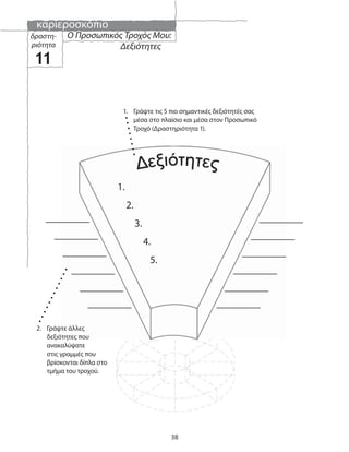 καριεροσκόπιο
38
2. Γράψτε άλλες
δεξιότητες που
ανακαλύψατε
στις γραμμές που
βρίσκονται δίπλα στο
τμήμα του τροχού.
1. Γράψτε τις 5 πιο σημαντικές δεξιότητές σας
μέσα στο πλαίσιο και μέσα στον Προσωπικό
Τροχό (Δραστηριότητα 1).
Ο Προσωπικός Τροχός Μου:
Δεξιότητες
δραστη-
ριότητα
11
1.
2.
3.
4.
5.
 