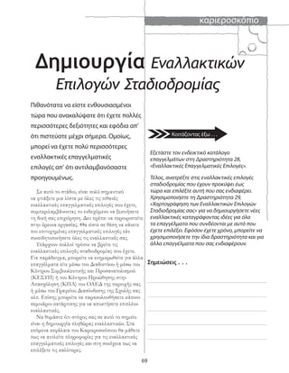 καριεροσκόπιο
69
Επιλογών Σταδιοδρομίας
Δημιουργία Εναλλακτικών
Πιθανότατα να είστε ενθουσιασμένοι
τώρα που ανακαλύψατε ότι έχετε πολλές
περισσότερες δεξιότητες και εφόδια απ’
ότι πιστεύατε μέχρι σήμερα. Ομοίως,
μπορεί να έχετε πολύ περισσότερες
εναλλακτικές επαγγελματικές
επιλογές απ’ ότι αντιλαμβανόσαστε
προηγουμένως.
Σε αυτό το στάδιο, είναι πολύ σημαντικό
να φτιάξετε μια λίστα με όλες τις πιθανές
εναλλακτικές επαγγελματικές επιλογές που έχετε,
συμπεριλαμβάνοντας το ενδεχόμενο να ξεκινήσετε
τη δική σας επιχείρηση. Δεν πρέπει να περιοριστείτε
στην έρευνα εργασίας. Θα είστε σε θέση να κάνετε
πιο επιτυχημένες επαγγελματικές επιλογές εάν
συνειδητοποιήσετε όλες τις εναλλακτικές σας.
Υπάρχουν πολλοί τρόποι να βρείτε τις
εναλλακτικές επιλογές σταδιοδρομίας που έχετε.
Για παράδειγμα, μπορείτε να ενημερωθείτε για άλλα
επαγγέλματα είτε μέσω του Διαδικτύου ή μέσω του
Κέντρου Συμβουλευτικής και Προσανατολισμού
(ΚΕΣΥΠ) ή του Κέντρου Προώθησης στην
Απασχόληση (ΚΠΑ) του ΟΑΕΔ της περιοχής σας
ή μέσω του Γραφείου Διασύνδεσης της Σχολής σας
κλπ. Επίσης μπορείτε να παρακολουθήσετε κάποιο
σεμινάριο κατάρτισης για να αποκτήσετε επιπλέον
εναλλακτικές.
Να θυμάστε ότι στόχος σας σε αυτό το σημείο
είναι η δημιουργία πληθώρας εναλλακτικών. Στα
επόμενα κεφάλαια του Καριεροσκόπιου θα μάθετε
πως να αντλείτε πληροφορίες για τις εναλλακτικές
επαγγελματικές επιλογές και στη συνέχεια πως να
επιλέξετε τις καλύτερες.
Σημειώσεις . . .
Εξετάστε τον ενδεικτικό κατάλογο
επαγγελμάτων στη Δραστηριότητα 28,
«Εναλλακτικές Επαγγελματικές Επιλογές».
Τέλος, ανατρέξτε στις εναλλακτικές επιλογές
σταδιοδρομίας που έχουν προκύψει έως
τώρα και επιλέξτε αυτή που σας ενδιαφέρει.
Χρησιμοποιήστε τη Δραστηριότητα 29,
«Χαρτογράφηση των Εναλλακτικών Επιλογών
Σταδιοδρομίας σας» για να δημιουργήσετε νέες
εναλλακτικές καταγράφοντας ιδέες για όλα
τα επαγγέλματα που συνδέονται με αυτό που
έχετε επιλέξει. Εφόσον έχετε χρόνο, μπορείτε να
χρησιμοποιήσετε την ίδια δραστηριότητα και για
άλλα επαγγέλματα που σας ενδιαφέρουν.
Κοιτάζοντας έξω . . .
 