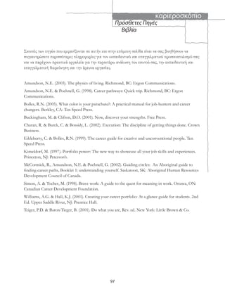 καριεροσκόπιο
97
Πρόσθετες Πηγές
Βιβλία
Σκοπός των πηγών που εμφανίζονται σε αυτήν και στην επόμενη σελίδα είναι να σας βοηθήσουν να
συγκεντρώσετε περισσότερες πληροφορίες για τον εκπαιδευτικό και επαγγελματικό προσανατολισμό σας
και να παρέχουν πρακτικά εργαλεία για την περαιτέρω ανάλυση του εαυτού σας, την εκπαιδευτική και
επαγγελματική διερεύνηση και την έρευνα εργασίας.
Amundson, N.E. (2003). The physics of living. Richmond, BC: Ergon Communications.
Amundson, N.E. & Poehnell, G. (1998). Career pathways: Quick trip. Richmond, BC: Ergon
Communications.
Bolles, R.N. (2005). What color is your parachute?: A practical manual for job-hunters and career
changers. Berkley, CA: Ten Speed Press.
Buckingham, M. & Clifton, D.O. (2001). Now, discover your strengths. Free Press.
Charan, R. & Burck, C. & Bossidy, L. (2002). Execution: The discipline of getting things done. Crown
Business.
Eikleberry, C. & Bolles, R.N. (1999). The career guide for creative and unconventional people. Ten
Speed Press.
Kimeldorf, M. (1997). Portfolio power: The new way to showcase all your job skills and experiences.
Princeton, NJ: Peterson’s.
McCormick, R., Amundson, N.E. & Poehnell, G. (2002). Guiding circles: An Aboriginal guide to
ﬁnding career paths, Booklet 1: understanding yourself. Saskatoon, SK: Aboriginal Human Resources
Development Council of Canada.
Simon, A. & Tocher, M. (1998). Brave work: A guide to the quest for meaning in work. Ottawa, ON:
Canadian Career Development Foundation.
Williams, A.G. & Hall, K.J. (2001). Creating your career portfolio: At a glance guide for students. 2nd
Ed. Upper Saddle River, NJ: Prentice Hall.
Teiger, P.D. & Baron-Tieger, B. (2001). Do what you are, Rev. ed. New York: Little Brown & Co.
 