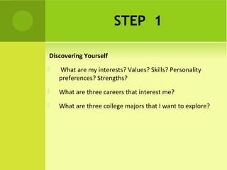 STEP 1
Discovering Yourself
  What are my interests? Values? Skills? Personality 
preferences? Strengths?
 What are three careers that interest me?
 What are three college majors that I want to explore?
 