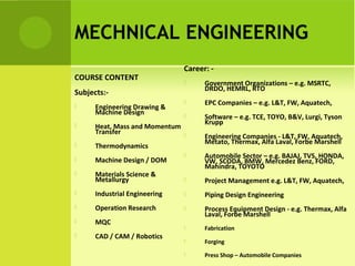 MECHNICAL ENGINEERING
COURSE CONTENT
Subjects:-
 Engineering Drawing &
Machine Design
 Heat, Mass and Momentum
Transfer
 Thermodynamics
 Machine Design / DOM
 Materials Science &
Metallurgy
 Industrial Engineering
 Operation Research
 MQC
 CAD / CAM / Robotics
Career: -
 Government Organizations – e.g. MSRTC,
DRDO, HEMRL, RTO
 EPC Companies – e.g. L&T, FW, Aquatech,
 Software – e.g. TCE, TOYO, B&V, Lurgi, Tyson
Krupp
 Engineering Companies - L&T, FW, Aquatech,
Metato, Thermax, Alfa Laval, Forbe Marshell
 Automobile Sector – e.g. BAJAJ, TVS, HONDA,
VW, SCODA, BMW, Mercedez Benz, FORD,
Mahindra, TOYOTO
 Project Management e.g. L&T, FW, Aquatech,
 Piping Design Engineering
 Process Equipment Design - e.g. Thermax, Alfa
Laval, Forbe Marshell
 Fabrication
 Forging
 Press Shop – Automobile Companies
 