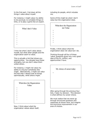 Learn, to Lead!
Page 4 of 13
In the first part, I list down all the
things I value about myself.
For instance, I might value my ability
to be punctual, to complete things on
time, or to play a game like an expert.
I then list what I don’t value about
myself, but what other people and the
organization seem to value.
This is actually a list that shows you
opportunities. You already have these
strengths, but you don’t value them
unlike others.
For instance, I might not value my
ability to sing but somebody else
might. Alternatively, I might not value
the fact that I always look at things
optimistically, while others might.
Now, I think about what the
organization values about itself,
including its people, which includes
me.
Some of this might be what I don’t
value but the organization does.
Finally, I think about what the
organization does not value but I do.
Thinking through all four of these
‘value’ questions gives me a very good
idea of the fit, conflict, and
opportunities I have.
After going through the previous four
lists, I take my decision. This decision
is what defines my career choice.
We must realize that we never go
through structured questions and
responses as shown here, but imagine
the enormous improvement in our
area of choices.
 