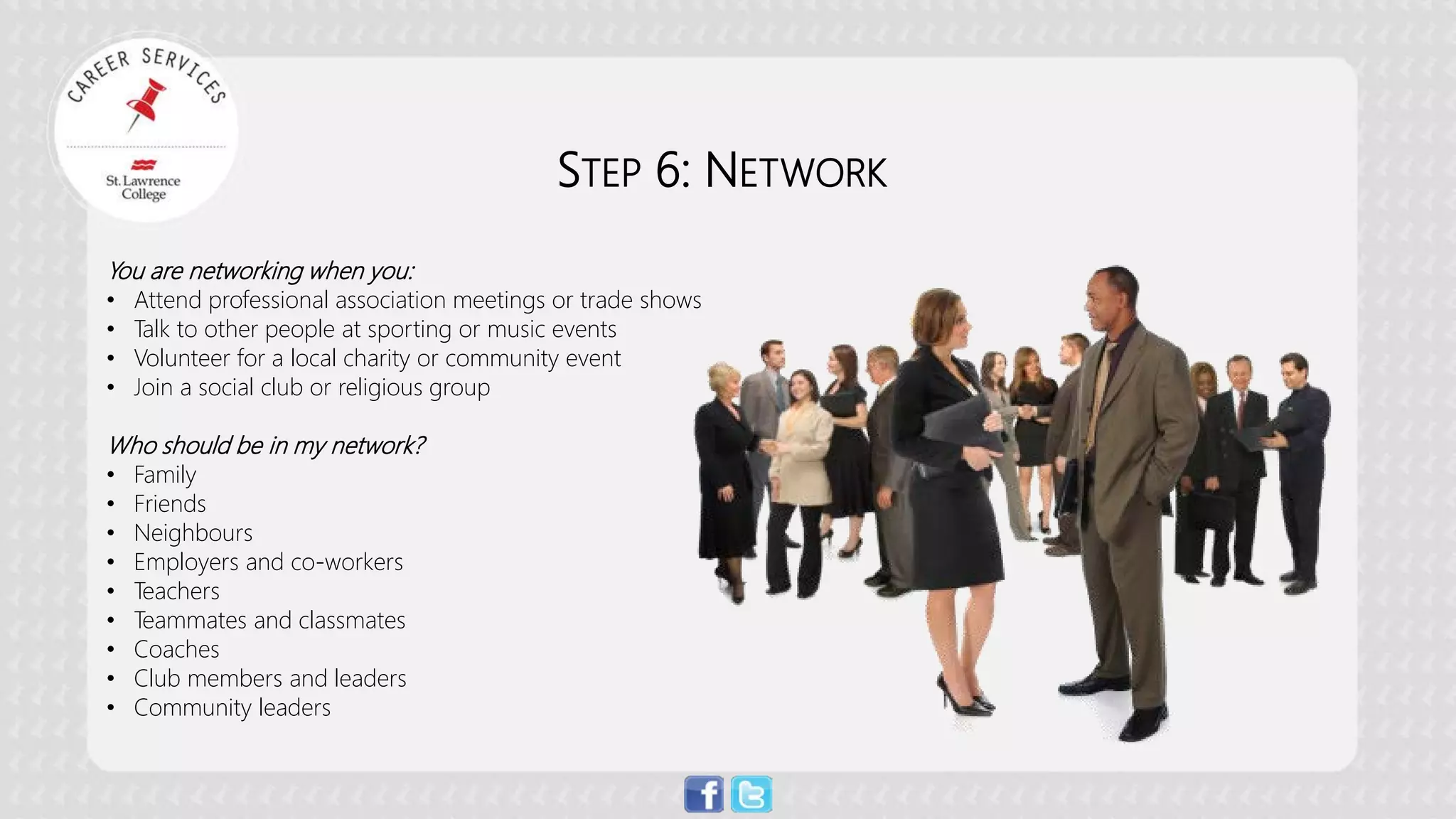STEP 6: NETWORK You are networking when you: 
•Attend professional association meetings or trade shows 
•Talk to other people at sporting or music events 
•Volunteer for a local charity or community event 
•Join a social club or religious group Who should be in my network? 
•Family 
•Friends 
•Neighbours 
•Employers and co-workers 
•Teachers 
•Teammates and classmates 
•Coaches 
•Club members and leaders 
•Community leaders  