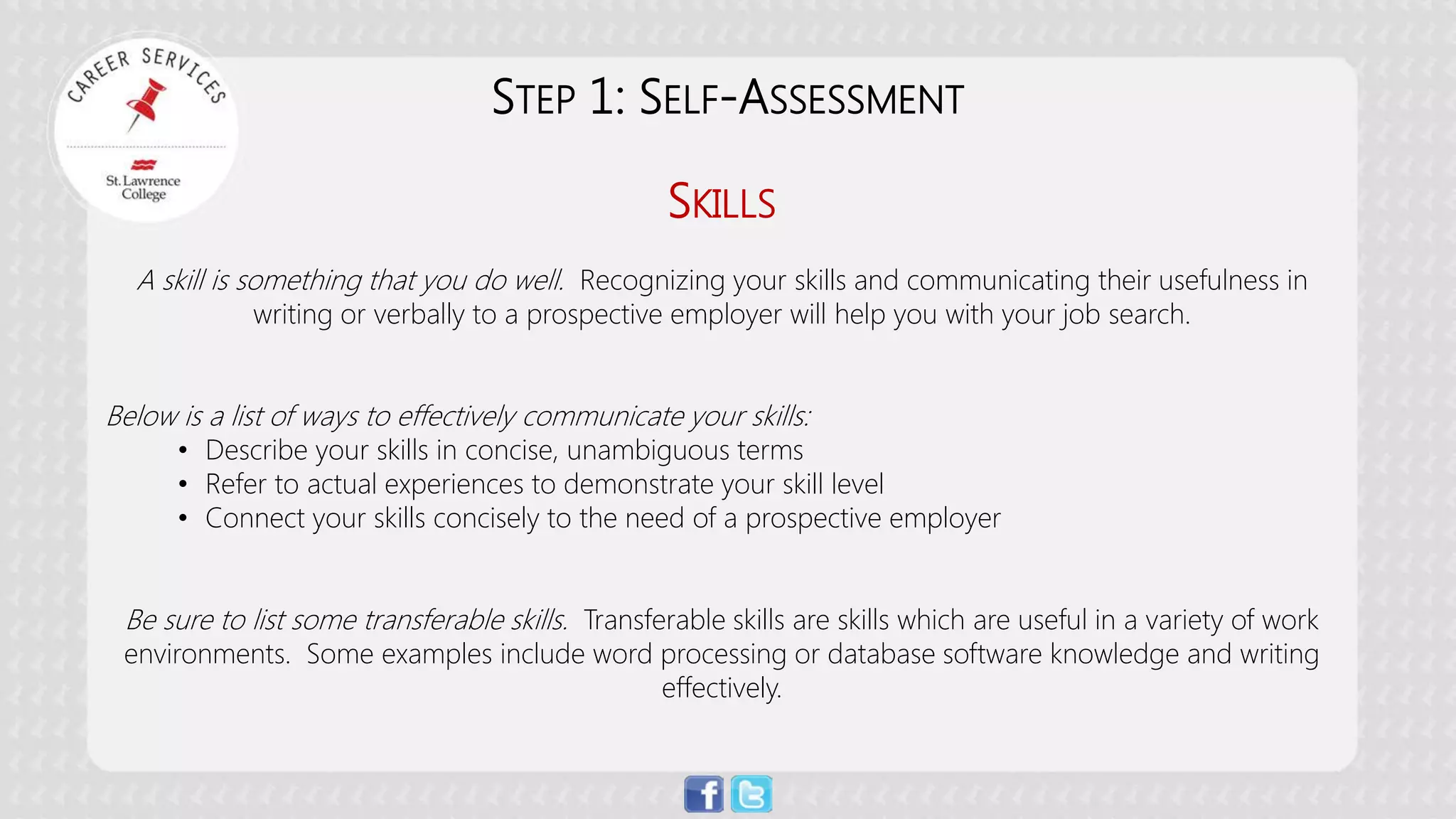 SKILLS A skill is something that you do well. Recognizing your skills and communicating their usefulness in writing or verbally to a prospective employer will help you with your job search. Below is a list of ways to effectively communicate your skills: 
• 
Describe your skills in concise, unambiguous terms 
• 
Refer to actual experiences to demonstrate your skill level 
• 
Connect your skills concisely to the need of a prospective employer Be sure to list some transferable skills. Transferable skills are skills which are useful in a variety of work environments. Some examples include word processing or database software knowledge and writing effectively. 
STEP 1: SELF-ASSESSMENT  