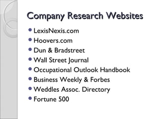 Company Research WebsitesCompany Research Websites
LexisNexis.com
Hoovers.com
Dun & Bradstreet
Wall Street Journal
Oc...