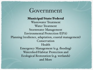 Government
Municipal/State/Federal
Wastewater Treatment
Water Treatment
Stormwater Management
Environmental Protection (EPA)
Planning (resilience, adaptation, coastal management)
Conservation
Health
Emergency Management (e.g. flooding)
Watershed/Habitat Protection and
Ecological Restoration (e.g. wetlands)
and More
 