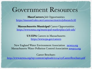 Government Resources
MassCareers Job Opportunities
https://massanf.taleo.net/careersection/ex/jobsearch.ftl
Massachusetts Municipal Career Opportunities
https://www.mma.org/municipal-marketplace/job-ads/
US EPA Careers in Massachusetts
https://www.epa.gov/careers
New England Water Environment Association newea.org
Massachusetts Water Pollution Control Association mwpca.org
Career Brochure:
http://www.newea.org/wp-content/uploads/2014/03/CareerBrochure.pdf
 