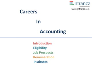 Careers
In
Accounting
Introduction
Eligibility
Job Prospects
Remuneration
Institutes
www.entranzz.com
 