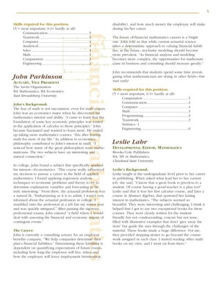 5
financialmathematics
Skills required for this position:
(5 = most important; 0-1= hardly at all)
Communication............................................5
Teamwork ....................................................5
Computer......................................................4
Analytical......................................................4
Sales..............................................................4
Math..............................................................3
Computation ................................................3
Engineering ..................................................2
John Parkinson
ACTUARY, VICE PRESIDENT
The Savitz Organization
BA Mathematics, BA Economics
East Stroudsburg University
John’s Background:
The fear of math is not uncommon, even for math majors.
John was an economics major when he discovered his
mathematics interest and ability. “I came to learn that the
foundation of some key economic principles was rooted
in the application of calculus to those principles.” John
became fascinated and wanted to learn more. He ended
up taking more mathematics courses, “this after fearing
math for most of my life.” In addition to economics,
philosophy contributed to John’s interest in math. “I
noticed how many of the great philosophers were mathe-
maticians. The two subjects have an interesting and
natural connection.”
In college, John found a subject that specifically sparked
his interest—Econometrics. “This course really influenced
my decision to pursue a career in the field of applied
mathematics. I found applying regression analysis
techniques to economic problems and theory to try to
determine explanatory variables and forecasting to be
truly interesting.” From there, the actuarial profession was
a natural fit. “Embarrassing as it is to admit, I wasn’t very
informed about the actuarial profession in college. I
stumbled onto the profession at a job fair my senior year
and was quickly intrigued.” After passing the rigorous
professional exams, John entered “a field where I would
deal with assessing the financial and economic impact of
contingent events.”
The Career:
John is currently a consulting actuary for an employee
benefits company. “We help companies determine their
plan’s financial liabilities.” Determining these liabilities is
dependent on quantifying expectations of future events,
including how long the employee will live, when and
how the employee will leave employment (termination,
disability), and how much money the employee will make
during his/her career.
The future of financial mathematics careers is a bright
one. John told us that while current actuarial science
takes a deterministic approach to valuing financial liabili-
ties, in the future, stochastic modeling should become
more prevalent. “As financial analysis and modeling
becomes more complex, the opportunities for mathemati-
cians in business and consulting should increase greatly.”
John recommends that students spend some time investi-
gating what mathematicians are doing in other fields—but
start early!
Skills required for this position:
(5 = most important; 0-1= hardly at all)
Computation ................................................5
Communication............................................4
Computer......................................................4
Math..............................................................3
Programming................................................3
Teamwork ....................................................3
Statistics- 1
Engineering ..................................................0
Leslie Lahr
DEVELOPMENTAL EDITOR, MATHEMATICS
Brooks/Cole Publishers
BA, MS in Mathematics,
Cleveland State University
Leslie’s Background:
Leslie taught at the undergraduate level prior to her career
in publishing. When asked what lead her to her current
job, she said, “I know that a great book is priceless to a
student. Of course having a good teacher is a plus too!”
Leslie said that it was her first calculus course, and later a
course in Abstract Algebra, that spawned her lasting
interest in mathematics. “The subjects seemed so
beautiful. They were interesting and challenging. I think it
helped that I got to use two exceptional books for these
courses. They were clearly written for the student:
friendly but not condescending, concise but not terse,
filled with illustrative examples that don’t ‘give away the
store’ but guide the user through the challenges of the
material. These books made a huge difference. For me,
they provided stepping-stones to go beyond the course-
work assigned in each class. I started reading other math
books on my own, and I went on from there.”
 