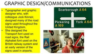 • Typographer and graphic
designer who, with
colleague Jock Kinneir,
designed many of the road
signs used throughout the
United Kingdom.
• She designed the
Transport font used on
road signs, the Rail
Alphabet font used on the
British railway system and
an early version of the
signs used in airports.
GRAPHIC DESIGN/COMMUNICATIONS
 