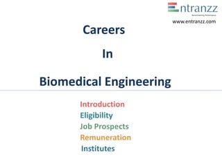 Careers
In
Biomedical Engineering
Introduction
Eligibility
Job Prospects
Remuneration
Institutes
www.entranzz.com
 