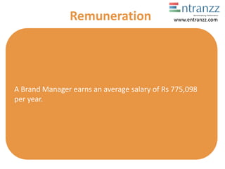 A Brand Manager earns an average salary of Rs 775,098
per year.
Remuneration www.entranzz.com
 