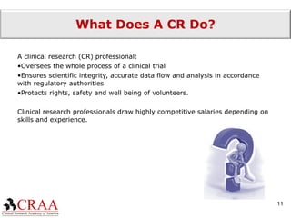 What Does A CR Do? A clinical research (CR) professional: Oversees the whole process of a clinical trial  Ensures scientific integrity, accurate data flow and analysis in accordance with regulatory authorities Protects rights, safety and well being of volunteers. Clinical research professionals draw highly competitive salaries depending on skills and experience. 