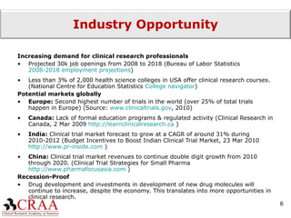Industry Opportunity Increasing demand for clinical research professionals Projected 30k job openings from 2008 to 2018  ( Bureau of Labor Statistics  2008-2018 employment projections ) Less than 3% of 2,000 health science colleges in USA offer clinical research courses.  (National Centre for Education Statistics   College navigator ) Potential markets globally Europe:  Second highest number of trials in the world (over 25% of total trials happen in Europe) (Source:  www.clinicaltrials.gov , 2010) Canada:  Lack of formal education programs & regulated activity  (Clinical Research in Canada, 2 Mar 2009  http://learnclinicalresearch.ca  ) India:  C linical trial market forecast to grow at a CAGR of around 31% during 2010-2012  (Budget Incentives to Boost Indian Clinical Trial Market, 23 Mar 2010  http://www.pr-inside.com  ) China:  Clinical trial market revenues to continue double digit growth from 2010 through 2020.  (Clinical Trial Strategies for Small Pharma  http://www.pharmafocusasia.com  ) Recession-Proof Drug development and investments in development of new drug molecules will continue to increase, despite the economy. This translates into more opportunities in clinical research. 
