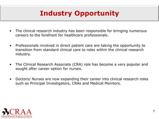 Industry Opportunity The clinical research industry has been responsible for bringing numerous careers to the forefront for healthcare professionals. Professionals involved in direct patient care are taking the opportunity to transition from standard clinical care to roles within the clinical research industry. The Clinical Research Associate (CRA) role has become a very popular and sought after career option for nurses. Doctors/ Nurses are now expanding their career into clinical research roles such as Principal Investigators, CRAs and Medical Monitors. 