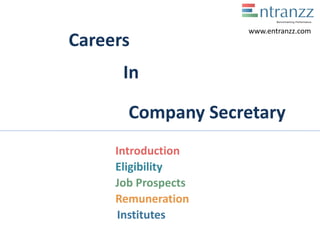 Careers
In
Company Secretary
Introduction
Eligibility
Job Prospects
Remuneration
Institutes
www.entranzz.com
 