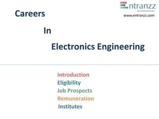 Careers
In
Electronics Engineering
Introduction
Eligibility
Job Prospects
Remuneration
Institutes
www.entranzz.com
 