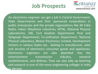 Job Prospects
An electronics engineer can get a job in Central Government,
State Governments and their sponsored corporations in
public enterprises and the private organizations like All India
Radio, Indian Telephone Industries, MTNL, National Physical
Laboratories, AIR, Civil Aviation Department; Post and
Telegraph Department; Co-ordination Department, National
Physical Laboratory, Bharat Electronics Limited, Development
Centers in various States etc. dealing in manufacture, sales
and services of electronics consumer goods and appliances.
Electronics engineers are also absorbed into the
entertainment transmission industry, research
establishments, and defense. They can also take up teaching
and research in one of the many engineering colleges in India
or abroad.
www.entranzz.com
 