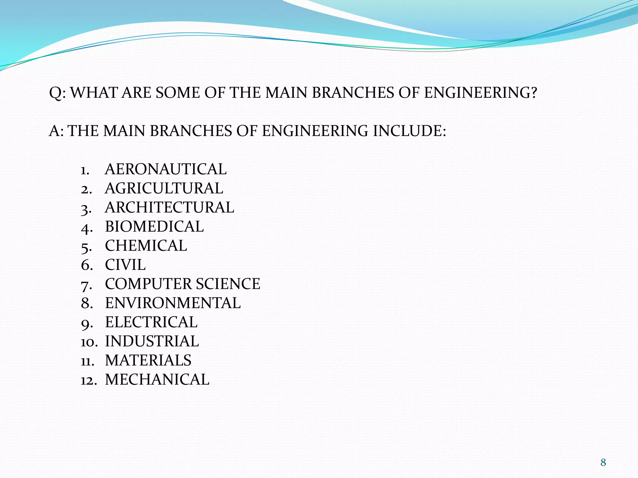 MODERN ERA: THE DEVELOPMENT OF THE COMPUTER LED TO ADVACED COMPUTING, THE WWW AND THE DEVELOPMENT OF OTHER INDUSTRIES: NANOTECHNOLOGY, ROBOTICS AND ALTERNATIVE ENERGY.8Q: WHAT ARE SOME OF THE MAIN BRANCHES OF ENGINEERING?A: THE MAIN BRANCHES OF ENGINEERING INCLUDE:AERONAUTICALAGRICULTURALARCHITECTURALBIOMEDICALCHEMICALCIVILCOMPUTER SCIENCEENVIRONMENTALELECTRICALINDUSTRIALMATERIALSMECHANICAL