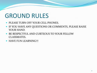 GROUND RULESPLEASE TURN OFF YOUR CELL PHONES.IF YOU HAVE ANY QUESTIONS OR COMMENTS, PLEASE RAISE YOUR HAND.BE RESPECTFUL AND CURTEOUS TO YOUR FELLOW CLASSMATES.HAVE FUN LEARNING!!!2