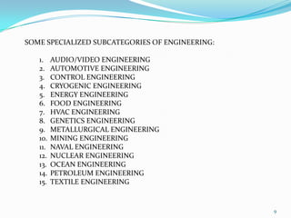 9SOME SPECIALIZED SUBCATEGORIES OF ENGINEERING:AUDIO/VIDEO ENGINEERINGAUTOMOTIVE ENGINEERINGCONTROL ENGINEERINGCRYOGENIC ENGINEERINGENERGY ENGINEERINGFOOD ENGINEERINGHVAC ENGINEERINGGENETICS ENGINEERINGMETALLURGICAL ENGINEERINGMINING ENGINEERINGNAVAL ENGINEERINGNUCLEAR ENGINEERINGOCEAN ENGINEERINGPETROLEUM ENGINEERINGTEXTILE ENGINEERING