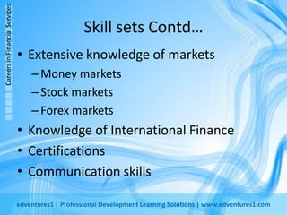 Skill sets Contd…Extensive knowledge of marketsMoney marketsStock marketsForex marketsKnowledge of International FinanceCertificationsCommunication skills