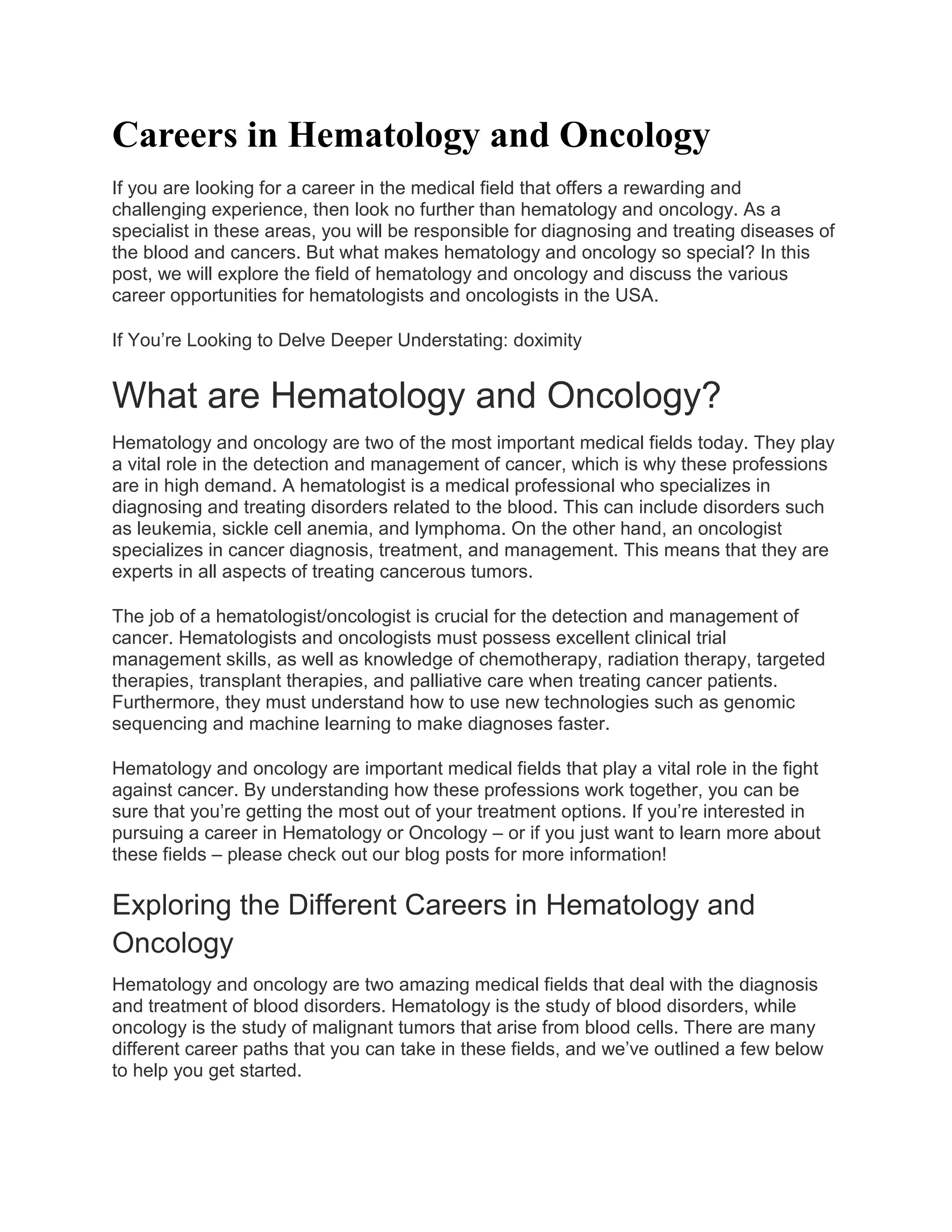 Careers in Hematology and Oncology | PDF