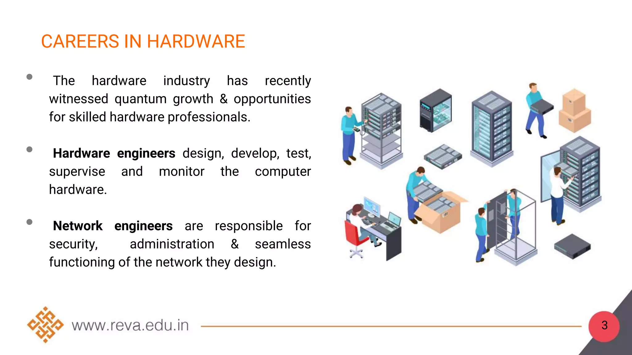 3
CAREERS IN HARDWARE
• The hardware industry has recently
witnessed quantum growth & opportunities
for skilled hardware professionals.
• Hardware engineers design, develop, test,
supervise and monitor the computer
hardware.
• Network engineers are responsible for
security, administration & seamless
functioning of the network they design.
 