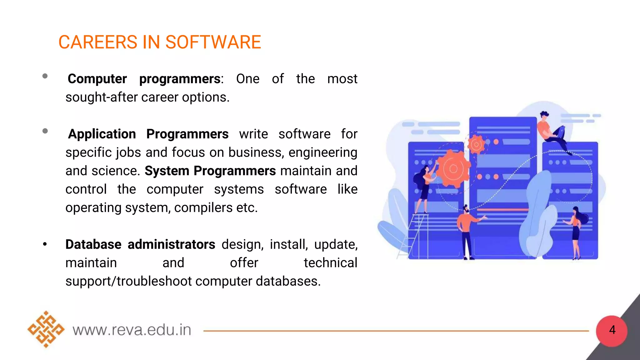 4
CAREERS IN SOFTWARE
• Computer programmers: One of the most
sought-after career options.
• Application Programmers write software for
specific jobs and focus on business, engineering
and science. System Programmers maintain and
control the computer systems software like
operating system, compilers etc.
• Database administrators design, install, update,
maintain and offer technical
support/troubleshoot computer databases.
 