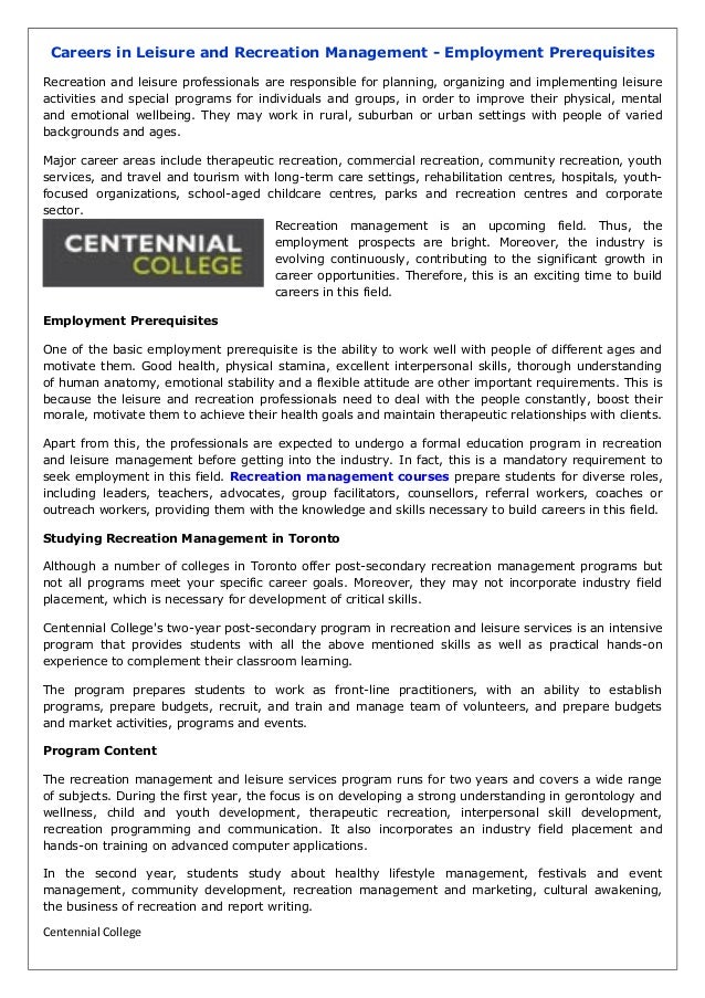 Careers in leisure and recreation management employment prerequisites