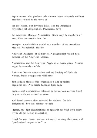 organizations also produce publications about research and best
practices related to the work of
the profession. For psychologists, it is the American
Psychological Association. Physicians have
the American Medical Association. Some may be members of
more than one association. For
example, a pediatrician would be a member of the American
Medical Association and the
American Academy of Pediatrics. A psychiatrist would be a
member of the American Medical
Association and the American Psychiatric Association. A nurse
might be a member of the
American Nurses Association and the Society of Pediatric
Nurses. Many occupations will have
both a main professional organization and specialty
organizations. A separate handout lists many
professional associations relevant to the various careers listed
in your textbook as well as some
additional careers often selected by students for this
assignment. See that handout to help
identify the best organizations to research for your own essay.
If you do not see an association
listed for your career, an internet search naming the career and
“professional organization” or
 