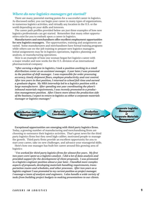 Where do new logistics managers get started?
  There are many potential starting points for a successful career in logistics.
As discussed earlier, you can begin your career in many types of organizations,
in numerous logistics activities, and virtually any location in the U.S. or the
world depending on your skills and interests.
  The career path profiles provided below are just three examples of how new
logistics professionals can get started. Remember that many other opportu-
nities exist for you to embark upon a career in logistics.
  Manufacturers and merchandisers offer excellent employment opportunities
for new logistics managers. The opportunities, training and assignments are
varied. Some manufacturers and merchandisers have formal training programs
while others use on-the-job training to prepare new logistics managers.
Initial assignments may be in logistics operations, logistics planning and
analysis, or manufacturing operations.
  Here is an example of how one woman began her logistics career with
a major retailer and now works for the U.S. division of an international
pharmaceutical company:
  “After earning a degree in logistics, I took a position working in a retail
  distribution center as an assistant manager. A year later, I was promoted
  to the position of shift manager. I was responsible for order processing
  accuracy, timely shipment flows, employee productivity, and cost control.
  After two years in that position, I returned to school full-time and earned
  a graduate degree. My MBA internship led to a logistics position with a
  large manufacturer. After spending one year coordinating the plant’s
  inbound materials requirements, I was recently promoted to a produc-
  tion management position. After I learn more about the production side
  of the business, I expect to return to logistics as either a corporate materials
  manager or logistics manager.”


                                                                                      Corporate Logistics
   Distribution Center                Materials                    Production            Management
      Management                     Coordinator                  Management                  or
                                                                                     Corporate Materials
                                                                                         Management

  Exceptional opportunities are emerging with third party logistics firms.
Today, a growing number of manufacturing and merchandising firms are
choosing to outsource their logistics activities. That’s great news for the third
party logistics firms but they need high-caliber, motivated people to manage
the growth. Third party firms provide an excellent opportunity for you to
start your career, take on new challenges, and advance your managerial skills.
  Here’s how one manager has built her career around this growing area of
logistics:
  “I’ve worked for third party logistics firms for almost five years. My first
two years were spent as a logistics analyst. I did a lot of data analysis and
provided support for the development of client proposals. I was promoted
to a logistics engineer position about a year later. I handled more complex
aspects of proposals, developing materials handling requirements, trans-
portation routes and schedules, and other processes. After two years as a
logistics engineer I was promoted to my current position as project manager.
I manage a team of analysts and engineers. I also handle a wide variety of
tasks from building project budgets to making presentations to our clients.




CAREERS IN LOGISTICS                                                                                        9
 