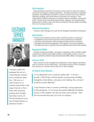 Description
                                  Plans and directs activities of customer service teams to meet the needs of
                                customers and support company operations. Develops procedures, establishes
                                standards, and administers activities to assure accurate order entry, efficient
                                shipment tracking, and timely delivery of products to customers. Also
                                responsible for effective response to customer requests, problems, and special
                                needs. Works closely with marketing and sales, logistics, and transportation
                                departments to reduce order cycle times and improve fill rates while controlling
                                the cost of serving customers.



     CUSTOMER                   Related Positions
                                  Customer Order Manager, Post-sales Service Manager, Distribution Coordinator


      SERVICE                   Key Duties
                                  •   Directs and controls receipt of orders and their release to warehouse

     MANAGER                      •
                                  •
                                  •
                                      Establishes and monitors customer service performance standards
                                      Develops and maintains order management plans for key customers
                                      Manages promotional campaigns, return goods, and service programs
                                  •   Develops processes to identify customer problems and resolve them quickly

                                Required Skills
                                  Excellent interpersonal skills—persuasive, empathetic, able to handle conflict
                                and pressure; product knowledge; problem solving skills; creative; sense of
                                urgency; attention to detail; strong communication skills; ability to manage people.


                                Career Path
                                  Most customer service managers have experience in sales, logistics operations,
                                and/or customer service supervision. Successful customer service managers
                                may advance to customer service director or sales manager.

 “I oversee a staff of 65
                                In Their Own Words…
 employees that acts as a
 conduit between customers        “It’s my department’s job to initiate the ‘perfect order.’ If we don’t
 and our distribution opera-      provide a 100% fill rate on the first shipment, accurate pricing and billing,
 tions. We serve as a             damage-free, timely delivery, and proper carton labeling, then we haven’t
 central contact for our          served the customer effectively.”
 customers and provide a wide
 range of services to them—       “I have learned to listen to customers and develop a strong appreciation

 timely order processing,         for their perspectives. If I can answer their questions effectively and develop

 resolving stock shortages,       solutions to their problems, then they will remain loyal customers. That’s

 reconciling invoices, etc.       the most important thing that I can do for my company.”

 We also facilitate the move-
 ment of freight between our
 distribution facilities.”




14                                                                       COUNCIL OF LOGISTICS MANAGEMENT
 