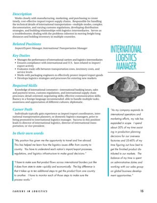 Description
  Works closely with manufacturing, marketing, and purchasing to create
timely, cost-effective import/export supply chains. Responsible for handling
the technical details of international transportation—multiple modes, complex
documentation, and varying customs regulations, developing distribution
strategies, and building relationships with logistics intermediaries. Serves as
a troubleshooter, dealing with the problems inherent in moving freight long
distances and holding inventory in multiple countries.


Related Positions
  Import/Export Manager, International Transportation Manager
                                                                                     INTERNATIONAL
Key Duties
  • Manages the performance of international carriers and logistics intermediaries
  • Ensures compliance with international and U.S. laws related to import/
                                                                                       LOGISTICS
    export activity
  • Evaluates trade-offs between transportation costs, inventory costs, and
    service levels
                                                                                        MANAGER
  • Works with packaging engineers to effectively protect import/export goods
  • Develops logistics strategies and processes for entering new markets

Required Skills
  Knowledge of international commerce—international banking issues, sales
and payment terms, customs regulations, and international supply chain
processes; detail-oriented; negotiating skills; effective communication skills;
fluency in a foreign language recommended; able to handle multiple tasks;
awareness and appreciation of different cultures; diplomatic.


Career Path                                                                          “As my company expands its
  Individuals typically gain experience as import/export coordinators, inter-        international operations and
national transportation planners, or domestic logistics managers, prior to
being promoted to international logistics manager. Success in this position          marketing efforts, my role has
leads to director of international logistics, director of international trans-       expanded in scope. I spend
portation, or vice president.
                                                                                     about 30% of my time assist-
                                                                                     ing in production planning
In their own words
                                                                                     decisions for our overseas
 “My position has given me the opportunity to travel and live abroad.                factories and 35-40% of my
 This has helped me learn how the logistics issues differ from country to            time figuring out how best to
 country. You have to understand each nation’s import/export processes,              get the finished product dis-
 regulations, and logistics infrastructure to make good decisions.”                  tributed to our markets. The
                                                                                     balance of my time is spent
 “I have to make sure that product flows across international borders just like      on administrative duties and
 it does from state to state—quickly and economically. The big difference is         working with our sales group
 that it takes up to ten additional steps to get the product from one country        on global business develop-
 to another. I have to monitor each of those steps to make sure the                  ment opportunities.”
 process works.”



CAREERS IN LOGISTICS                                                                                              15
 