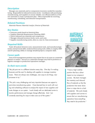 Description
  Manages raw materials and/or components inventory needed for manufac-
turing. Responsible for inbound inventory levels. Coordinates with purchasing,
manufacturing, and suppliers to ensure reliable, cost efficient delivery of the
raw materials to create a production plan. Often responsible for receiving,
warehousing, scheduling, and inbound transportation.


Related Positions
  Materials Planner, Materials Analyst, Director of Materials


Key Duties
  •   Forecasts needs based on historical data
  •
  •
  •
      Employs Materials Requirements Planning (MRP)
      Directs inbound raw materials and components
      Manages inbound inventory levels, turns, and costs
                                                                                       MATERIALS
  •   Supplies manufacturing needs, often in a Just-In-Time environment
                                                                                       MANAGER
Required Skills
  Trade-off analysis between costs, measurement tools, and manufacturing’s
needs; interpersonal skills; analytical forecasting tools; ability to employ MRP
and JIT planning; ability to manage detailed projects; computer skills.


Career path
  Entry-level management positions may require four to six years as a materials
planner or analyst. Success as a materials manager may lead to positions as
logistics manager or production/operations manager.


In their own words
 “My job puts me in a different situation every day. One day I’m making            “I have a high visibility
 forecasts and the next I’m dealing with suppliers to manage inventory             position that has a direct
 issues. There are always new challenges, new ways to do things, new               impact on my company’s
 processes to try.”                                                                success. My team manages
                                                                                   the inventory and inbound
 “This job is very challenging and very important because we support a             flow of materials so that the
 just-in-time manufacturing system. I have learned how to work with rout-          production line never slows
 ing and scheduling software to analyze the impact of new suppliers and            down or stops due to a lack
 route changes on our system. I work closely with our dedicated carrier to         of materials. We work closely
 monitor performance and manage change effectively. And, I am                      with suppliers and carriers to
 constantly searching for ways to take costs out of the system.”                   ensure that our manufacturing
                                                                                   operations have everything
                                                                                   they need to be productive.”




CAREERS IN LOGISTICS                                                                                            21
 