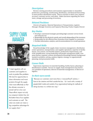 Description
                                       Reviews existing procedures and examines opportunities to streamline
                                     production, purchasing, warehousing, distribution, and financial forecasting
                                     to meet product distribution needs. Directs activities to limit costs, improve
                                     accuracy, customer service, and safety. Makes decisions regarding the move-
                                     ment, storage and processing of inventory.


                                     Related Positions
                                      Director of Logistics, Material Operations & Transportation, Logistics
                                     Manager, Manager Inventory and Capacity Planning, Product Supply Director


                                     Key Duties

     SUPPLY CHAIN                      • Develops customized strategies providing high customer service levels
                                         and reduced cost
                                       • Responsible for the physical custody and overall safeguarding of the inventory

       MANAGER                         • Responsible for the efficient flow of product from supplier to customers
                                       • Provides information, analysis, and recommendations on overall operations

                                     Required Skills
                                       Broad knowledge of the supply chain: inventory management, distribution
                                     center operations, transportation, and supplier operations; expertise in facility
                                     layout, cost control, cost/benefit analysis, productivity improvement, and
                                     work simplification; strong leadership and people management skills; com-
                                     puter literacy required, systems development knowledge desired; background
                                     needed in problem-solving, analysis, logistics strategy, or organizational
                                     planning; and presentation skills.


                                     Career Path
                                       Supervisory experience in materials handling, facility layout, planning or
                                     distribution is needed. Success in supply chain management may lead to:
 “I meet regularly with our          vice president of operations, director of materials management, or director of
 customers and suppliers to          logistics.
 work on product flow problems.
 We look for opportunities to
                                     In their own words
 share information and move            “Because our customers want more than a ‘one-size-fits-all’ solution, I

 products through the supply           have to be creative and think outside the box. So I work with a variety of

 chain more effectively so that        people (both inside and outside of my organization) looking for methods of

 the ultimate consumer is              doing business in a whole new way.”

 served well at a low cost.
 These efforts impact not only
 my company’s bottom line, but
 the bottom lines of our suppliers
 and customers as well. The
 value we create can mean a
 big competitive advantage for
 our supply chain.”


24                                                                           COUNCIL OF LOGISTICS MANAGEMENT
 