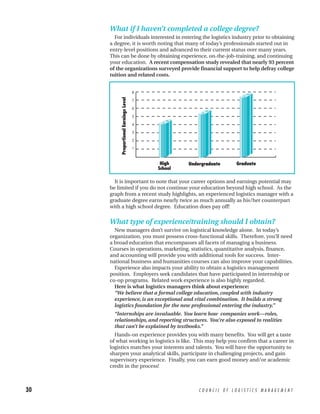 What if I haven’t completed a college degree?
       For individuals interested in entering the logistics industry prior to obtaining
     a degree, it is worth noting that many of today’s professionals started out in
     entry-level positions and advanced to their current status over many years.
     This can be done by obtaining experience, on-the-job-training, and continuing
     your education. A recent compensation study revealed that nearly 93 percent
     of the organizations surveyed provide financial support to help defray college
     tuition and related costs.


                                        8




          Proportional Earnings Level
                                        7

                                        6

                                        5

                                        4

                                        3

                                        2

                                        1



                                             High    Undergraduate   Graduate
                                            School

       It is important to note that your career options and earnings potential may
     be limited if you do not continue your education beyond high school. As the
     graph from a recent study highlights, an experienced logistics manager with a
     graduate degree earns nearly twice as much annually as his/her counterpart
     with a high school degree. Education does pay off!


     What type of experience/training should I obtain?
       New managers don’t survive on logistical knowledge alone. In today’s
     organization, you must possess cross-functional skills. Therefore, you’ll need
     a broad education that encompasses all facets of managing a business.
     Courses in operations, marketing, statistics, quantitative analysis, finance,
     and accounting will provide you with additional tools for success. Inter-
     national business and humanities courses can also improve your capabilities.
       Experience also impacts your ability to obtain a logistics management
     position. Employers seek candidates that have participated in internship or
     co-op programs. Related work experience is also highly regarded.
       Here is what logistics managers think about experience:
       “We believe that a formal college education, coupled with industry
       experience, is an exceptional and vital combination. It builds a strong
       logistics foundation for the new professional entering the industry.”
       “Internships are invaluable. You learn how companies work—roles,
       relationships, and reporting structures. You’re also exposed to realities
       that can’t be explained by textbooks.”
       Hands-on experience provides you with many benefits. You will get a taste
     of what working in logistics is like. This may help you confirm that a career in
     logistics matches your interests and talents. You will have the opportunity to
     sharpen your analytical skills, participate in challenging projects, and gain
     supervisory experience. Finally, you can earn good money and/or academic
     credit in the process!



30                                                       COUNCIL OF LOGISTICS MANAGEMENT
 