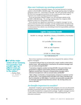 How can I estimate my earnings potential?
                             If you are pursuing a bachelor’s degree, you can look forward to starting
                           salaries in the $25,000 to $40,000 range. The average starting salary for logistics
                           graduates at five U.S. universities is $33,500. The 10th percentile salaries for
                           the first level management positions in the compensation chart (page 5)
                           represent your initial earnings potential in logistics.
                             If you are pursuing a Master’s degree, you can anticipate salaries in the
                           $45,000 to $80,000 range. The average starting salary for a logistics MBA
                           graduate at four U.S. universities is $57,000.
                             If you already have significant experience as a logistics manager (or you
                           want to forecast your future earnings), use the compensation formula in the
                           box below to estimate your earnings potential. This formula was developed
                           to demonstrate how salaries vary according to level of responsibility and three
                           common factors.

                                                 Logistics Compensation Formula

                               $64,000 for a Manager, $86,000 for a Director, or $144,000 for a Vice President


                                                                          +
                                                     $12 per $million of division revenue


                                                                          +
                                                        $540 per year of experience


                                                                          +
                                                       $19,000 for a Master’s degree
                                                         Source: The Ohio State University, 1997


                             Here is how experience and education have impacted the salaries of three
“ of all the major
…                          logistics managers:
 sectors of our economy,     “I earned $14.00 per hour as an intern for a major retailer at their distri-
 transportation and          bution center. After graduation, I returned as an assistant manager and
                             am currently earning $34,900.”
 logistics offer the
                             “I started as a logistics analyst earning $25,000. Two years later, I was
 highest paid jobs           promoted to a logistics team leader position at $39,000 annually.
 in the nation.”             Eighteen months later, I became a transportation manager with a
     — Rodney Slater         chemical manufacturer with an annual salary of $48,000.”
       U.S. Secretary of     “After college, I worked for a transportation company in customer service
       Transportation        for three years. I was making about $35,000 a year when I decided to go
                             back to school for an MBA degree. I work for an automobile manufacturer
                             in materials management/production control. My starting salary was
                             close to $65,000.”


                           Are benefits important to consider?
                             Absolutely! Employer-sponsored benefit programs can save you thousands
                           of dollars in personal expenses. Thus, you should give great consideration to
                           the benefits included in a compensation package. Logistics managers receive
                           a wide variety of benefits such as insurance, 401K matching funds, and
                           education assistance.


6                                                                         COUNCIL OF LOGISTICS MANAGEMENT
 