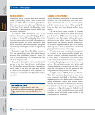 Careers in Nonprofit
10 WETFEET INSIDER GUIDE
CHAPTER1
ataGlance
CHAPTER3
Opportunities
CHAPTER4
OntheJob
CHAPTER5
TheWorkplace
CHAPTER6
GettingHired
CHAPTER7
ForYourReference
CHAPTER2
nonprofit
overview
Foundations
Foundations occupy a distinct place in the nonprofit
world as grant-making bodies. There are two types:
private and public. Private foundations generally trace
their revenue to one source, be it an individual (the
J. Paul Getty Trust), a family (the Bloomberg Family
Foundation), or a corporation (Verizon, which backs
the Verizon Foundation).
In contrast, public foundations, such as the
Cleveland Foundation, dedicated to helping the lives
of residents of Greater Cleveland, gather their monies
from diverse sources that can include individual donors,
government agencies, and private foundations. Some
public foundations, like other nonprofits, also gener-
ate income by collecting fees on services or goods they
provide.
Foundations made close to $45 billion in grants in
2010 and managed more than $600 billion in assets,
according to the Foundation Center’s 2011 report “Key
Facts on Mission Investing.” So, foundations play a key
role in the nonprofit sector.
Foundations often support other nonprofits directly
and are on the front lines of positive social change.
But they also have tangible advantages. As employers,
they’re known to pay better and offer better benefits;
as a result, foundation jobs are more competitive and
scoring one is, quite frankly, often dependent on whom
you know.
Social Enterprises
Neither foundation nor nonprofit in most cases, social
enterprises are a new player in the third-sector scene.
They’re ventures that seek social and financial returns,
and they promote a new way of solving social prob-
lems, one that’s faster, more focused, and on firmer
footing.
One of the better-known examples is for-profit
footwear company TOMS Shoes, which donates one
pair of shoes to a child in need for every pair it sells.
In just four years, the company sold enough shoes to
distribute to one million children worldwide. Those
figures suggest that narrowly targeted, entrepreneur-
ial endeavors can produce results quickly, all without
expending time or effort on the uncertain outcomes of
grant applications or donor relationships.
Of course, some social enterprises do court donors
(or investors, as the entrepreneurially minded say),
and they are legally established as nonprofits, such as
Charity: Water, an organization that delivers clean
water to more than one million underserved people in
17 countries. By applying modern business know-how,
such as a slick marketing campaign and a facility in all
available platforms, to its operations, the charity grew
more than 100 percent in the first quarter of 2011
compared to the same quarter the year before.
Examples such as TOMS Shoes and Charity:
Water share a common characteristic of social enter-
prises: charismatic individuals at their helm. Labeled
social entrepreneurs, these leaders tend to display com-
pelling personalities coupled with business smarts;
although the combination is often winsome, the more
faint-hearted worry about the long-term prospects of
organizations so dependent upon the leadership and
reputation of a single individual. Because many social
enterprises are still very young, it’s still too early to tell
whether such fears are justified.
INSIDEr SCOOP
“Working for a large foundation is not that
different from working for a Fortune 500 company.
They’re looking for the best talent to drive their
goal.”
 